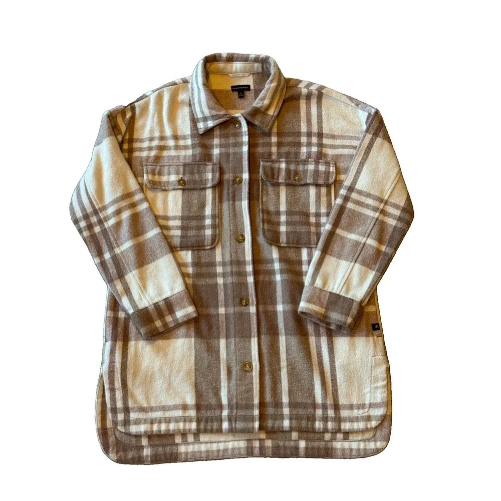 Banana Republic Women's Plaid Shacket Jacket Medium Taupe Cream Button Front